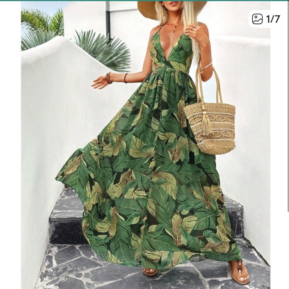 Tropical Low Cut Chiffon Dress Green